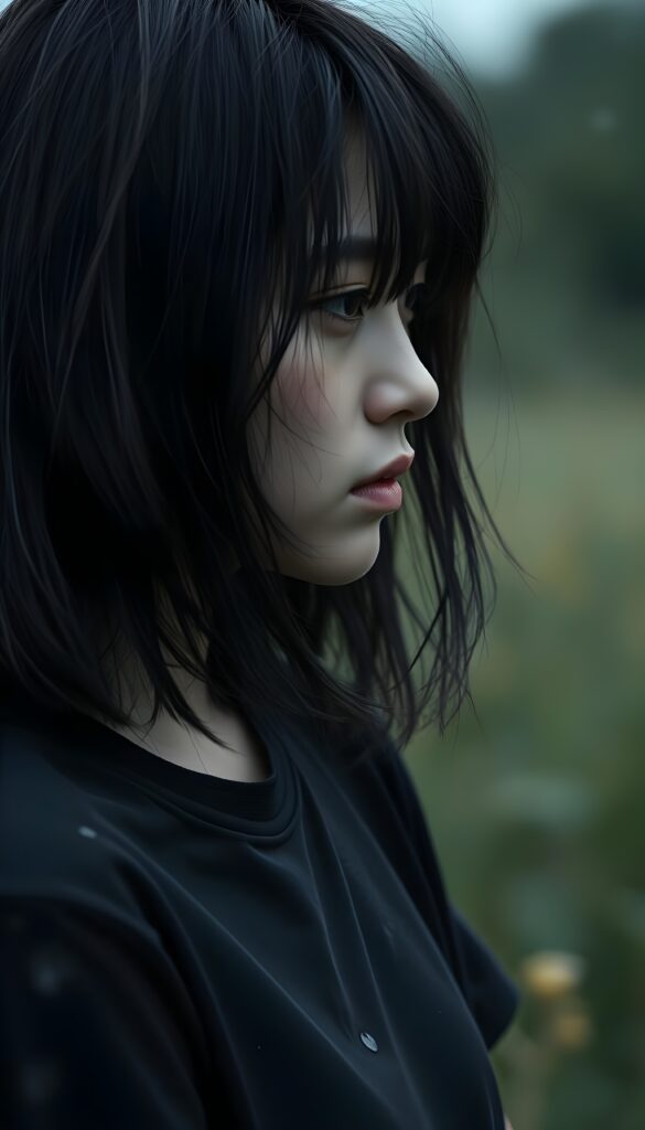 a realistic and detailed upper body photo from a (((sad girl))) (((long, messy straight obsidian black hair in a shoulder length bob cut and bangs))), dressed in a thin ((black t-shirt)), offset by a (((a rainy day in a meadow), with muted (((blue lights))) as the backdrop for her emotional scene. Her face is portrayed in a side profile, with the focus on her.