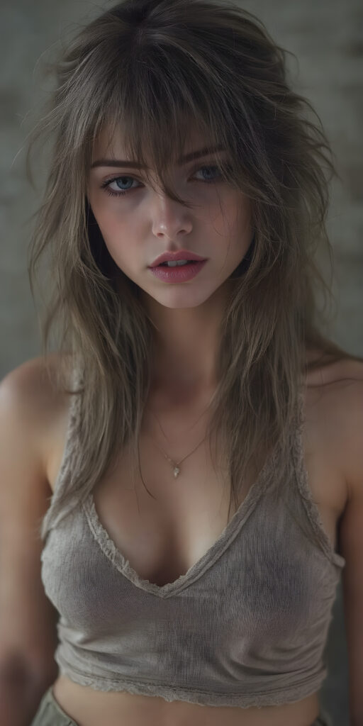 a realistic and detailed photograph of a well busty teen girl, wears thin clothes made of animal fur and skin, cropped tank top, deep v-neck, short skirt, messy long hair, seductive look