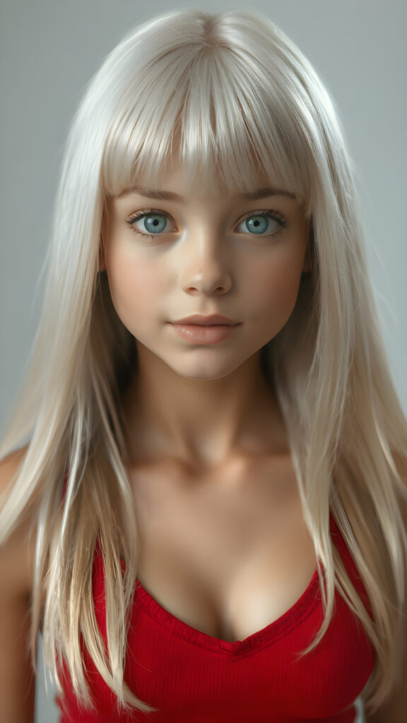 a realistic and detailed portrait, a (((beautiful young teen girl looks like a cute doll))), with ((super realistic, detailed long, straight white hair, bangs)), and ((big, expressive, bright, natural light blue eyes)), that convey a sense of youthful allure. Her ((skin is flawless)). She's ((busty)), with ((big, round, full, slightly parted lips that add to her enchanting smile)). Her ((almond skin)) adds to her ((natural beauty)), with ((red mini low-cut v-neck tank top, perfect and cute detailed belly button)), light grey studio backdrop, ( Hyper-detailed Warm tones Dramatic lighting Cinematic )
