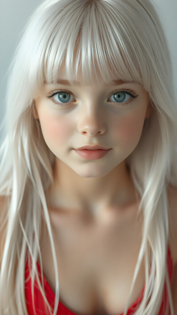 a realistic and detailed portrait, a (((beautiful young teen girl looks like a cute doll))), with ((super realistic, detailed long, straight white hair, bangs)), and ((big, expressive, bright, natural light blue eyes)), that convey a sense of youthful allure. Her ((skin is flawless)). She's ((busty)), with ((big, round, full, slightly parted lips that add to her enchanting smile)). Her ((almond skin)) adds to her ((natural beauty)), with ((red mini low-cut v-neck tank top, perfect and cute detailed belly button)), light grey studio backdrop, ( Hyper-detailed Warm tones Dramatic lighting Cinematic )