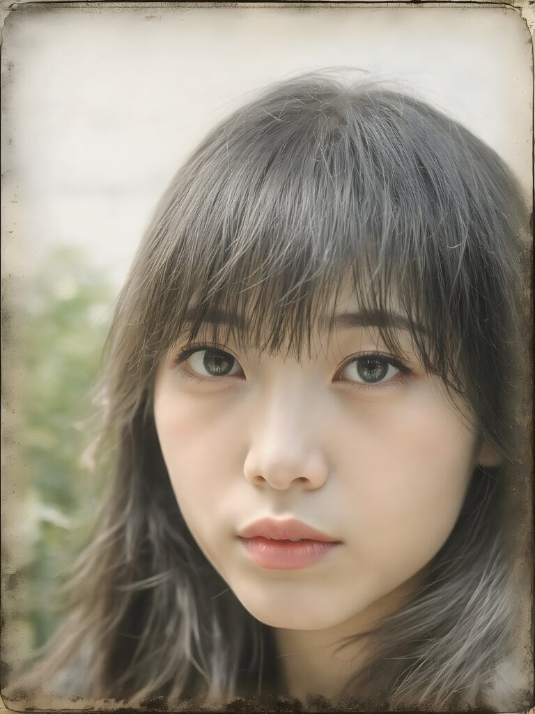 a (((realistic old close up Polaroid photo))), representing a (((beautiful young Asian girl, long soft obsidian black hair, bangs cut))), round face, with an (((ultra realistic, intricate details))) that defy the laws of physics, with a (((dynamic advanced lighting system))) that brings out the extreme details, composited against a (((natural, sunny green backdrop))), emulating a hyper-realistic, advanced photography, exotic style