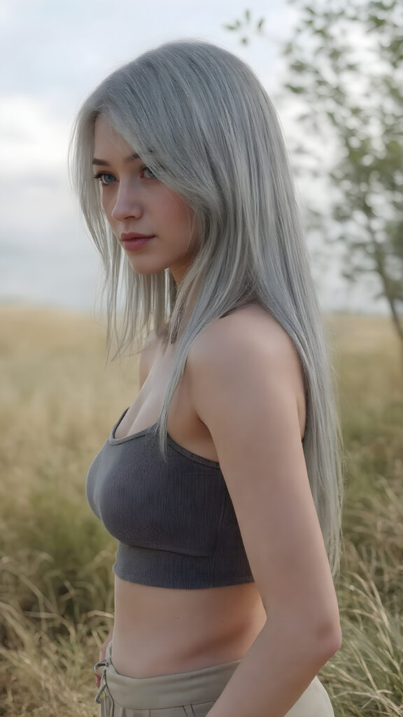 a (((realistic and detailed portrait))) of a silver-skinned girl, a perfect curves-fitting body, (((short pants))) and ((super short crop tank top)), an angelic (((round face))), (((soft long straight grey hair, her hair reaches down to her waist))), and an (((natural landscape))) as a (side view)