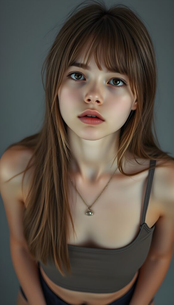 a (((realistic cute teen girl))), with straight soft long light brown hair, (full lips), that exude innocence, paired with a (short cropped tank top) that emphasizes her perfect body, (perfect skin), her figure is so perfectly proportioned that it defies reality, (((against a light grey backdrop))) ((upper body portrait)), view from above and she looks up to the viewer.