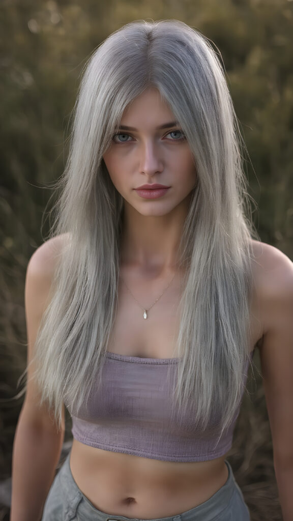 a (((realistic and detailed portrait))) of a silver-skinned girl, a perfect curves-fitting body, (((short pants))) and ((super short crop tank top)), an angelic (((round face))), (((soft long straight grey hair, her hair reaches down to her waist))), and an (((natural landscape))) as a (side view)