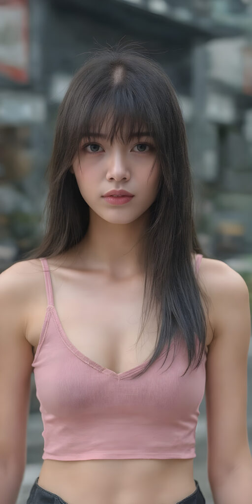 a realistic (((beautiful young well busty Korean teenage dream girl, perfect curved body))), with flowing, (((soft long straight black soft hair, bangs))). She is dressed in a sleek, (cropped tank top, deep v-neck), photograph, stands in the street