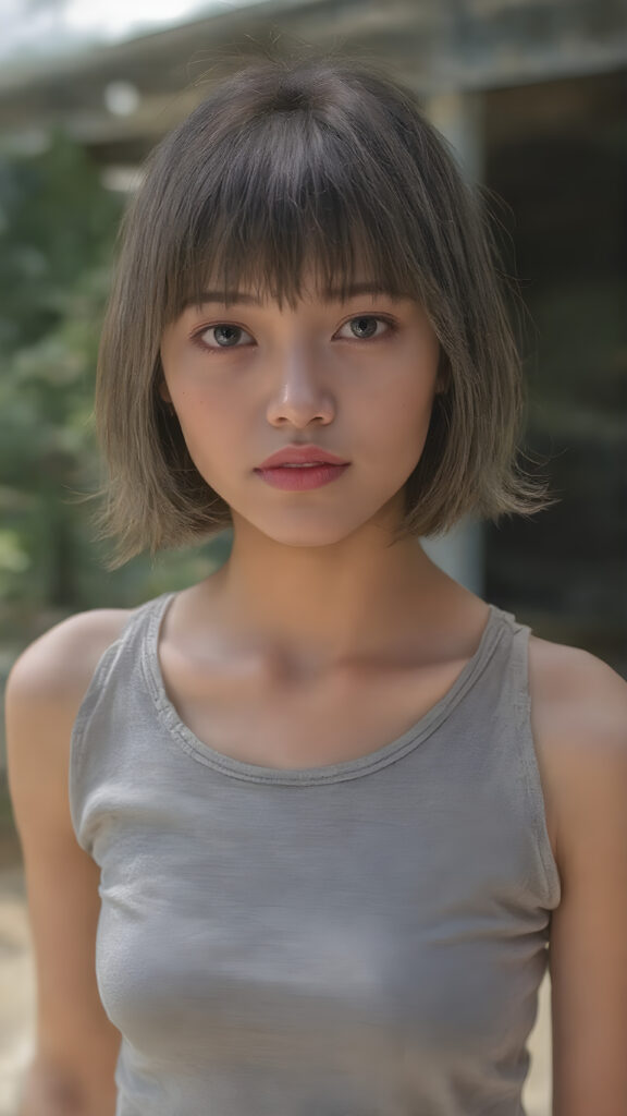 a realistic close up photo (((beautiful young Javanese girl, full body, photography, cinematic))), with super straight, (((bright brown hair, bangs and bob cut))), (((extremely skinny and slender, with a sleek, yet softly proportioned figure))), wearing a ((cropped grey t-shirt)) that accentuates her toned physique against a backdrop of a sunny, outdoor setting