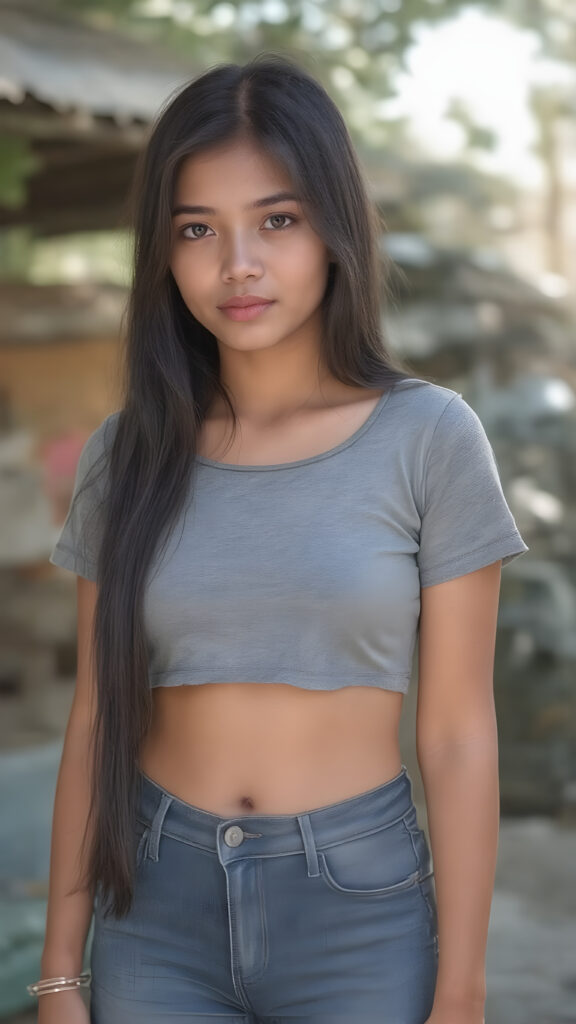 a realistic (((full body photo)) shows a (((beautiful young Javanese girl, photography, cinematic))), long black hair, (((extremely softly proportioned figure))), wearing a ((cropped grey t-shirt and short denim jeans pants)) that accentuates her toned physique against a backdrop of a sunny, outdoor setting