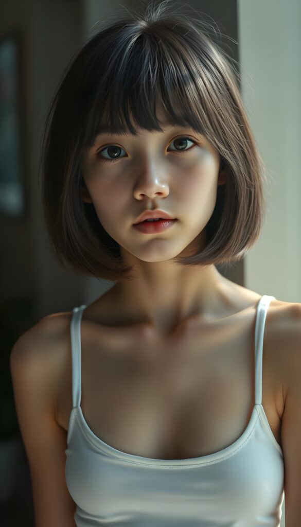 a (((realistic cute teen girl))) with a ((perfectly curved silhouette)) and illustrative details that convey youthful cuteness, bob cut, shoulder-length hair. She is wearing a white cropped tank top with a low neckline. You can see her belly button