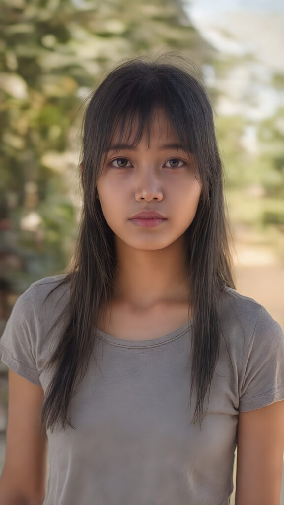 a realistic close up photo (((beautiful young Javanese girl, full body, photography, cinematic))), long black hair, (((extremely skinny and slender, with a sleek, yet softly proportioned figure))), wearing a ((cropped grey t-shirt)) that accentuates her toned physique against a backdrop of a sunny, outdoor setting