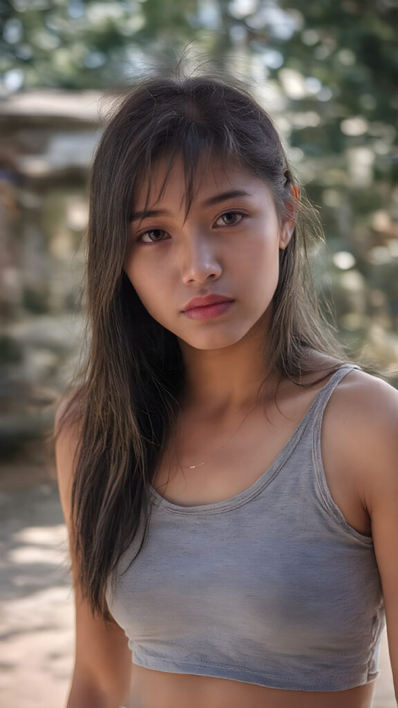 a realistic close up photo (((beautiful young Javanese girl, full body, photography, cinematic))), long black hair, (((extremely skinny and slender, with a sleek, yet softly proportioned figure))), wearing a ((cropped grey t-shirt)) that accentuates her toned physique against a backdrop of a sunny, outdoor setting