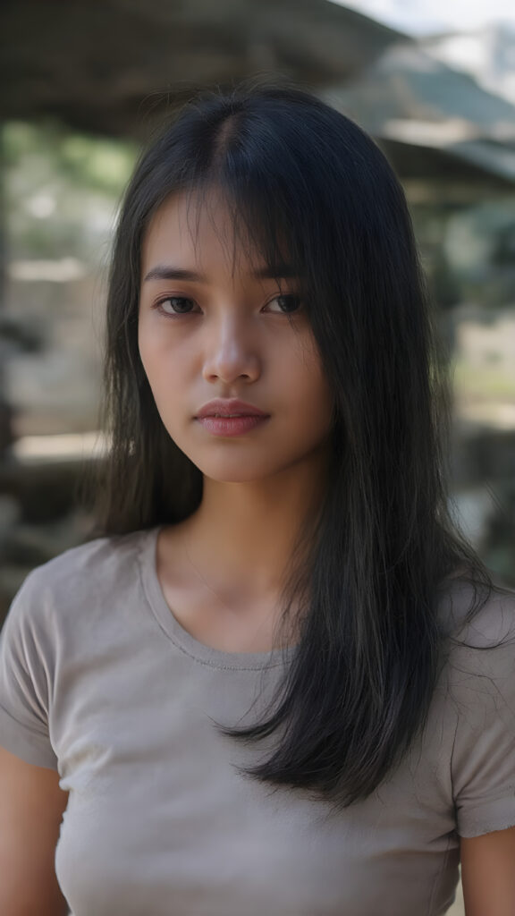 a realistic close up photo (((beautiful young Javanese girl, full body, photography, cinematic))), long black hair, (((extremely skinny and slender, with a sleek, yet softly proportioned figure))), wearing a ((cropped grey t-shirt)) that accentuates her toned physique against a backdrop of a sunny, outdoor setting
