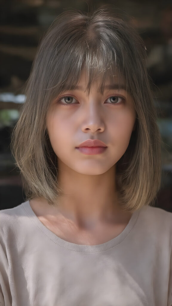 a realistic close up photo (((beautiful young Javanese girl, full body, photography, cinematic))), with super straight, (((bright brown hair, bangs and bob cut))), (((extremely skinny and slender, with a sleek, yet softly proportioned figure))), wearing a ((cropped grey t-shirt)) that accentuates her toned physique against a backdrop of a sunny, outdoor setting