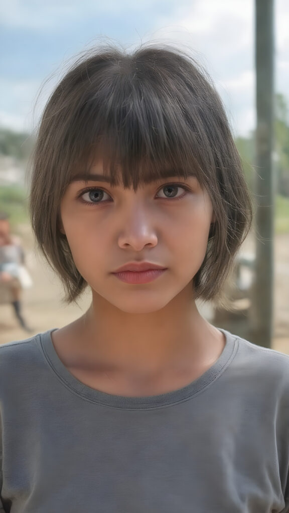 a realistic close up photo (((beautiful young Javanese girl, full body, photography, cinematic))), with super straight, (((bright brown hair, bangs and bob cut))), (((extremely skinny and slender, with a sleek, yet softly proportioned figure))), wearing a ((cropped grey t-shirt)) that accentuates her toned physique against a backdrop of a sunny, outdoor setting