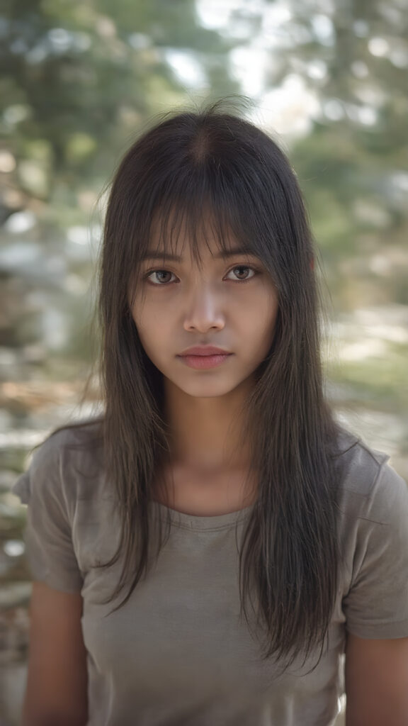 a realistic close up photo (((beautiful young Javanese girl, full body, photography, cinematic))), long black hair, (((extremely skinny and slender, with a sleek, yet softly proportioned figure))), wearing a ((cropped grey t-shirt)) that accentuates her toned physique against a backdrop of a sunny, outdoor setting