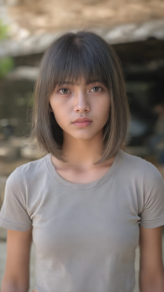 a realistic close up photo (((beautiful young Javanese girl, full body, photography, cinematic))), with super straight, (((bright brown hair, bangs and bob cut))), (((extremely skinny and slender, with a sleek, yet softly proportioned figure))), wearing a ((cropped grey t-shirt)) that accentuates her toned physique against a backdrop of a sunny, outdoor setting