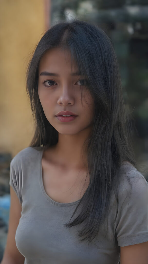 a realistic close up photo (((beautiful young Javanese girl, full body, photography, cinematic))), long black hair, (((extremely skinny and slender, with a sleek, yet softly proportioned figure))), wearing a ((cropped grey t-shirt)) that accentuates her toned physique against a backdrop of a sunny, outdoor setting
