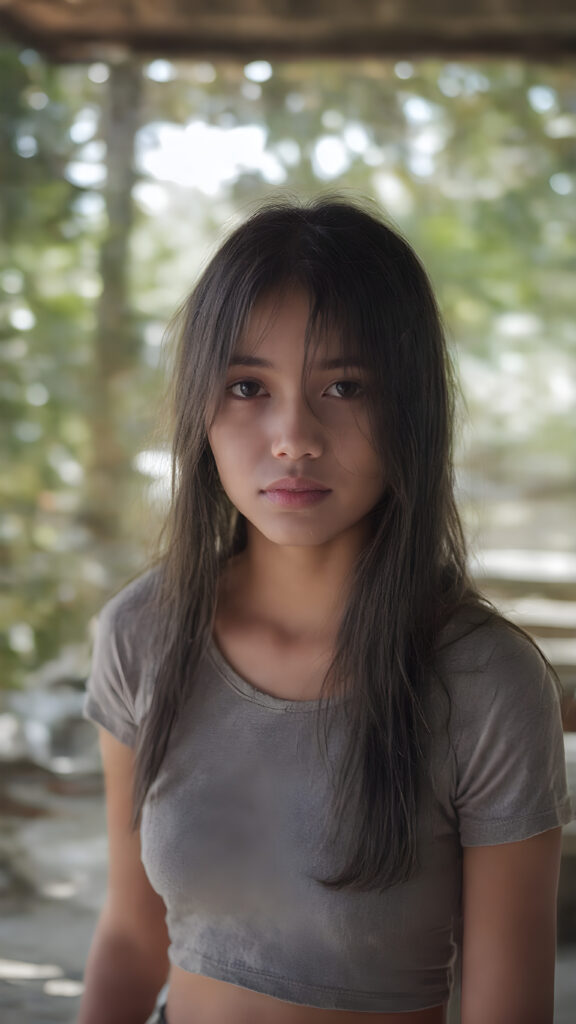 a realistic close up photo (((beautiful young Javanese girl, full body, photography, cinematic))), long black hair, (((extremely skinny and slender, with a sleek, yet softly proportioned figure))), wearing a ((cropped grey t-shirt)) that accentuates her toned physique against a backdrop of a sunny, outdoor setting