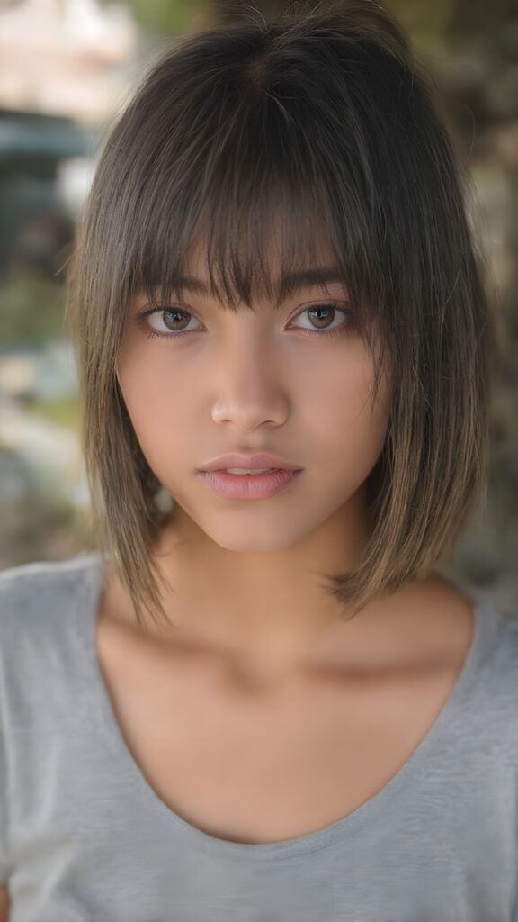 a realistic close up photo (((beautiful young Javanese girl, full body, photography, cinematic))), with super straight, (((bright brown hair, bangs and bob cut))), (((extremely skinny and slender, with a sleek, yet softly proportioned figure))), wearing a ((cropped grey t-shirt)) that accentuates her toned physique against a backdrop of a sunny, outdoor setting