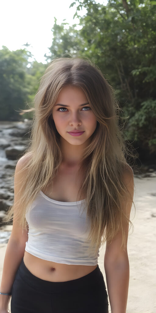 a (((realistic and detailed photo))) of a (((beautiful well busty teen girl))) with long, flowing (((sandy soft brown straight hair))), green eyes, and a sleekly defined figure, dressed in a tight (((white graphic short tank top, deep neck))) featuring a (((heart))), paired with a (((black round mini skirt))). She poses confidently on a sunny sandy beach.