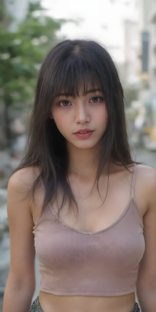 a realistic (((beautiful young well busty Korean teenage dream girl, perfect curved body))), with flowing, (((soft long straight black soft hair, bangs))). She is dressed in a sleek, (cropped tank top, deep v-neck), photograph, stands in the street