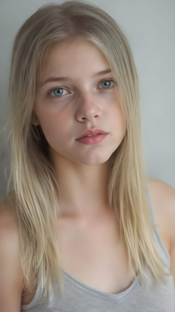 a (((realistic cute young teen girl))), with straight soft long light blond hair, (full lips), and ((big amber eyes, round face)) that exude innocence, paired with a (short cropped tank top, deep v-neck) that emphasizes her perfect body, (perfect skin), her figure is so perfectly proportioned that it defies reality, (((against a light grey backdrop))) ((upper body portrait))