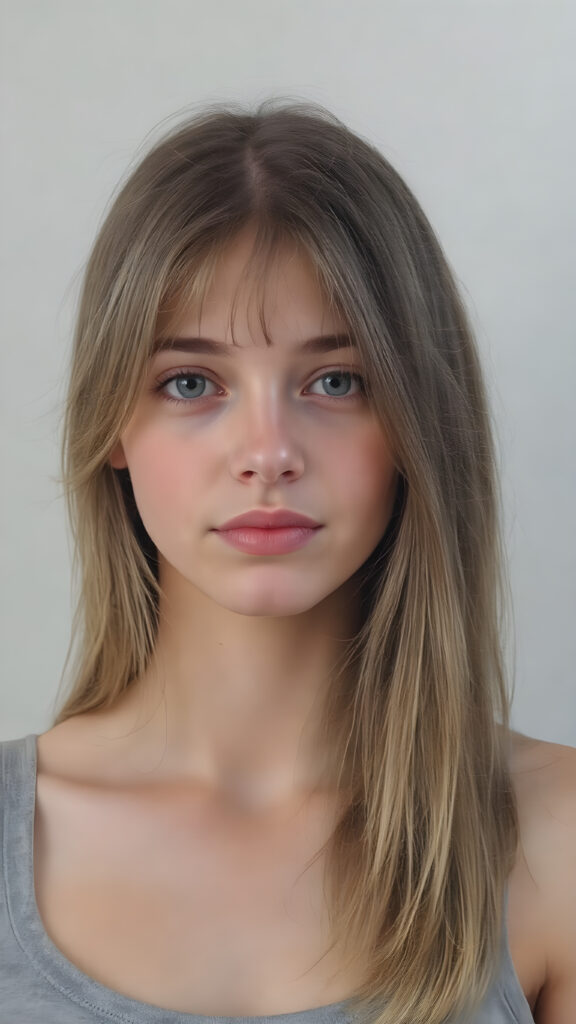 a (((realistic cute teen girl))), with straight soft long light brown hair, (full lips), and ((big amber eyes, round face)) that exude innocence, paired with a (short cropped tank top) that emphasizes her perfect body, (perfect skin), her figure is so perfectly proportioned that it defies reality, (((against a light grey backdrop))) ((upper body portrait))