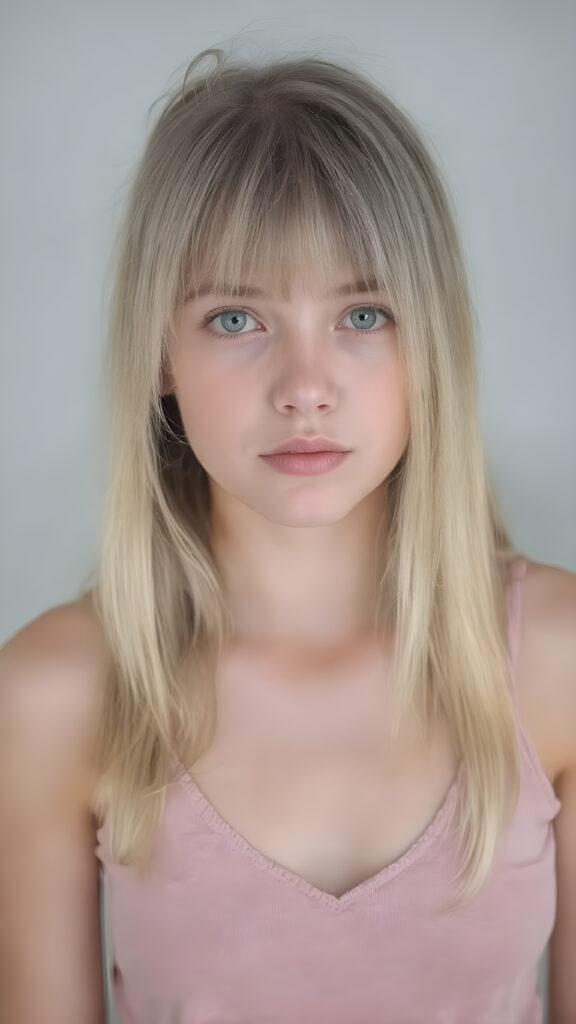 a (((realistic cute young teen girl))), with straight soft long light blond hair, (full lips), and ((big amber eyes, round face)) that exude innocence, paired with a (short cropped tank top, deep v-neck) that emphasizes her perfect body, (perfect skin), her figure is so perfectly proportioned that it defies reality, (((against a light grey backdrop))) ((upper body portrait))