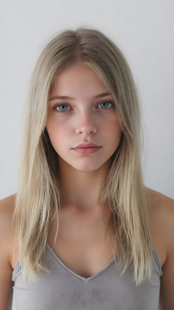 a (((realistic cute young teen girl))), with straight soft long light blond hair, (full lips), and ((big amber eyes, round face)) that exude innocence, paired with a (short cropped tank top, deep v-neck) that emphasizes her perfect body, (perfect skin), her figure is so perfectly proportioned that it defies reality, (((against a light grey backdrop))) ((upper body portrait))