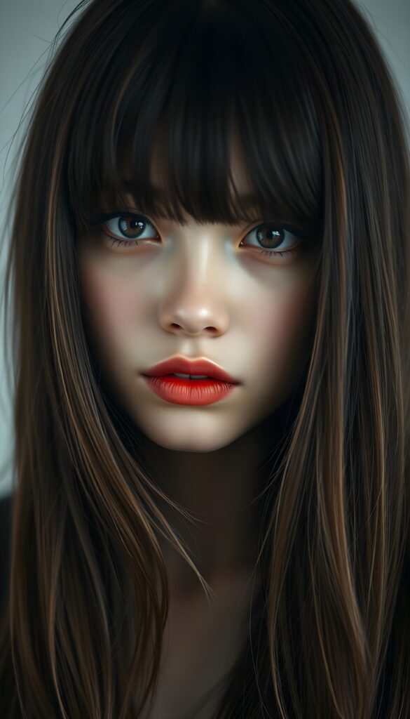 a realistic, detailed, dynamic photography from a beautiful young teen ((emo girl)), with ((detailed obsidian long soft straight hair and brown highlights, bangs)), full kissable red lips, looking into the camera, perfect detailed face, ((close up portrait)), ((stunning)), ((gorgeous)), ((white background))