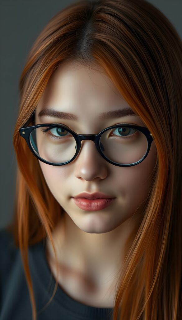 a realistic, detailed, dynamic photography from a beautiful young teen ((nerd girl)), black round glasses, with ((detailed red long soft straight hair with orange highlights)), looking into the camera, dynamic cinematic lights, perfect detailed round face, ((close up portrait)), ((stunning)), ((gorgeous)), ((grey background))