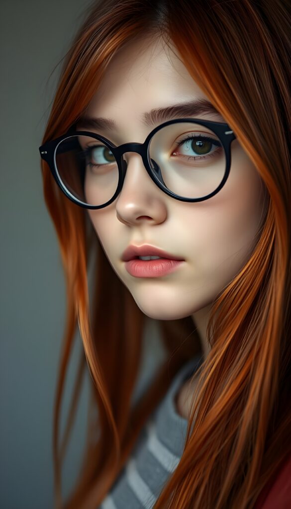 a realistic, detailed, dynamic photography from a beautiful young teen ((nerd girl)), black round glasses, with ((detailed red long soft straight hair with orange highlights)), looking into the camera, dynamic cinematic lights, perfect detailed round face, ((close up portrait)), ((stunning)), ((gorgeous)), ((grey background))