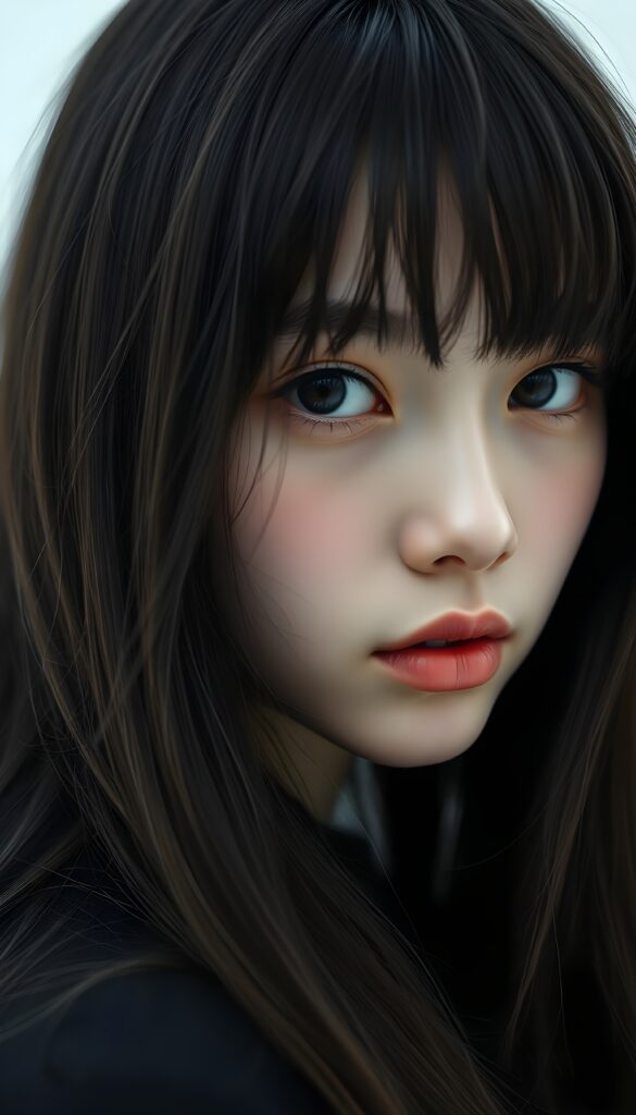 a realistic, detailed, dynamic photography from a beautiful young teen ((Emo girl)), with ((detailed obsidian long soft straight hair, bangs)), full kissable lips, looking into the camera, perfect detailed face, side view, ((close up portrait)), ((stunning)), ((gorgeous)), ((white background))