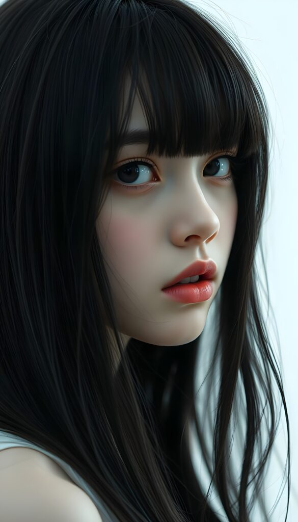 a realistic, detailed, dynamic photography from a beautiful young teen ((Emo girl)), with ((detailed obsidian long soft straight hair, bangs)), full kissable lips, looking into the camera, perfect detailed face, side view, ((close up portrait)), ((stunning)), ((gorgeous)), ((white background))