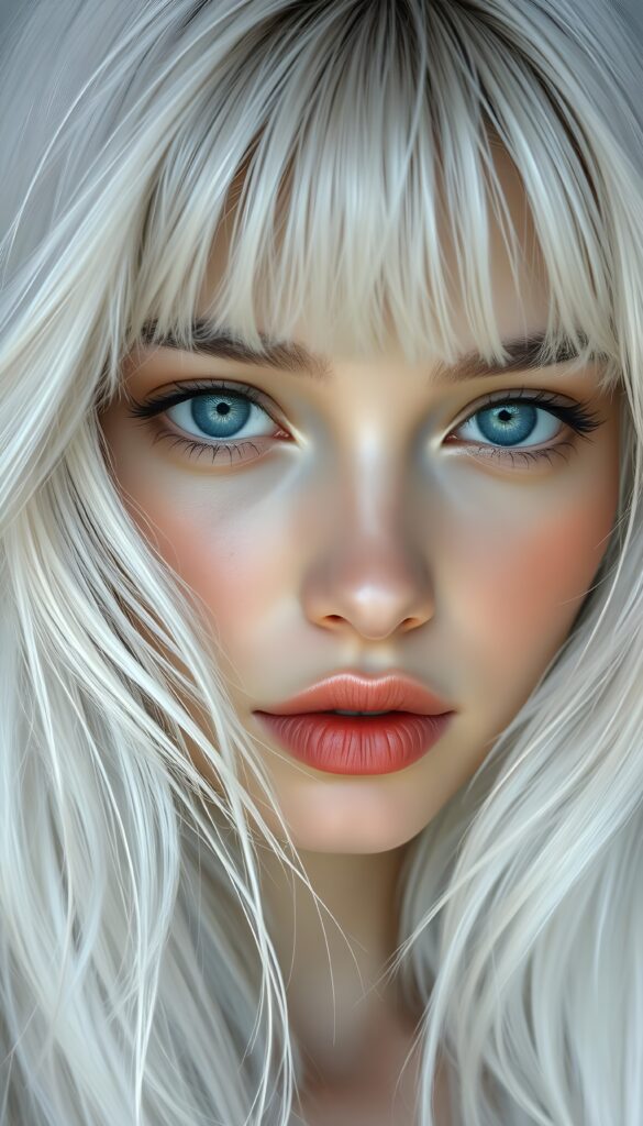 a realistic, detailed, dynamic photography from a beautiful young teen ((silver-skinned girl with flawless, soft skin)), with ((detailed long soft white hair, bangs)), full kissable lips, round eyes, round face, looking into the camera, perfect detailed face, ((close up portrait)), ((stunning)), ((gorgeous)), ((white background))