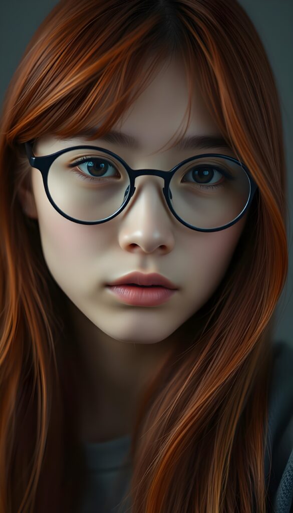 a realistic, detailed, dynamic photography from a beautiful young teen ((nerd girl)), black round glasses, with ((detailed red long soft straight hair with orange highlights)), looking into the camera, dynamic cinematic lights, perfect detailed round face, ((close up portrait)), ((stunning)), ((gorgeous)), ((grey background))