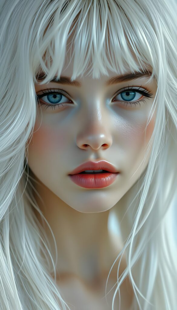 a realistic, detailed, dynamic photography from a beautiful young teen ((silver-skinned girl with flawless, soft skin)), with ((detailed long soft white hair, bangs)), full kissable lips, round eyes, round face, looking into the camera, perfect detailed face, ((close up portrait)), ((stunning)), ((gorgeous)), ((white background))