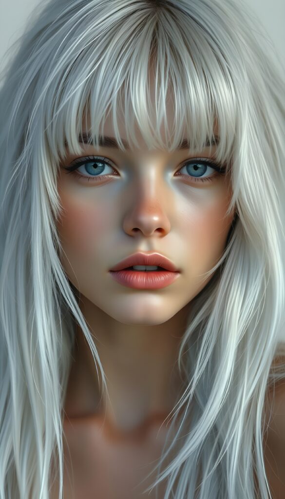 a realistic, detailed, dynamic photography from a beautiful young teen ((silver-skinned girl with flawless, soft skin)), with ((detailed long soft white hair, bangs)), full kissable lips, round eyes, round face, looking into the camera, perfect detailed face, ((close up portrait)), ((stunning)), ((gorgeous)), ((white background))