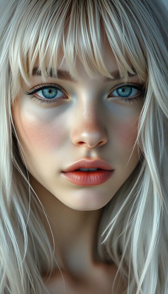 a realistic, detailed, dynamic photography from a beautiful young teen ((silver-skinned girl with flawless, soft skin)), with ((detailed long soft white hair, bangs)), full kissable lips, round eyes, round face, looking into the camera, perfect detailed face, ((close up portrait)), ((stunning)), ((gorgeous)), ((white background))