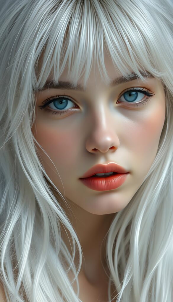 a realistic, detailed, dynamic photography from a beautiful young teen ((silver-skinned girl with flawless, soft skin)), with ((detailed long soft white hair, bangs)), full kissable lips, round eyes, round face, looking into the camera, perfect detailed face, ((close up portrait)), ((stunning)), ((gorgeous)), ((white background))