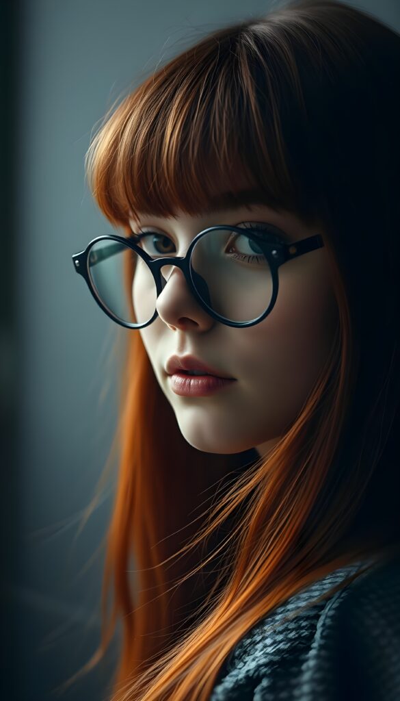 a realistic, detailed, dynamic photography from a beautiful young teen ((nerd girl)), black round glasses, with ((detailed red long soft straight hair with orange highlights)), looking into the camera, dynamic cinematic lights, perfect detailed round face, ((close up portrait)), ((stunning)), ((gorgeous)), ((grey background))