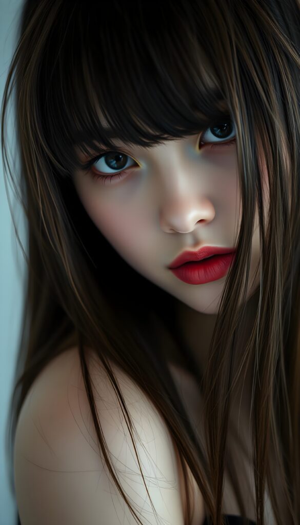 a realistic, detailed, dynamic photography from a beautiful young teen ((emo girl)), with ((detailed obsidian long soft straight hair and brown highlights, bangs)), full kissable red lips, looking into the camera, perfect detailed face, ((close up portrait)), ((stunning)), ((gorgeous)), ((white background))