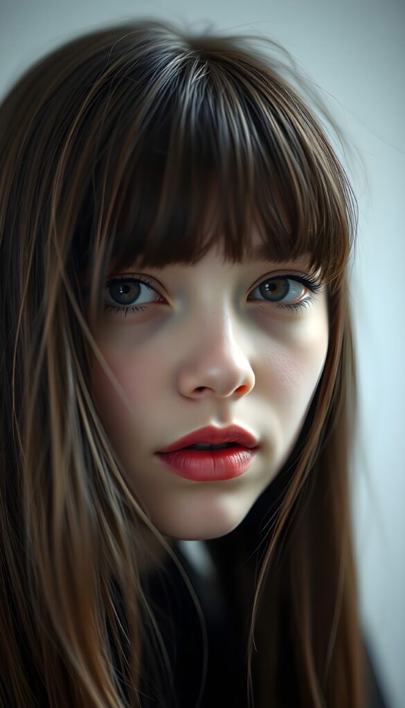 a realistic, detailed, dynamic photography from a beautiful young teen ((emo girl)), with ((detailed obsidian long soft straight hair and brown highlights, bangs)), full kissable red lips, looking into the camera, perfect detailed face, ((close up portrait)), ((stunning)), ((gorgeous)), ((white background))
