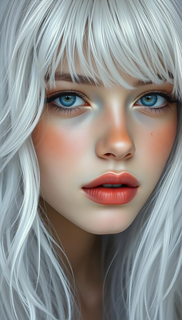 a realistic, detailed, dynamic photography from a beautiful young teen ((silver-skinned girl with flawless, soft skin)), with ((detailed long soft white hair, bangs)), full kissable lips, round eyes, round face, looking into the camera, perfect detailed face, ((close up portrait)), ((stunning)), ((gorgeous)), ((white background))
