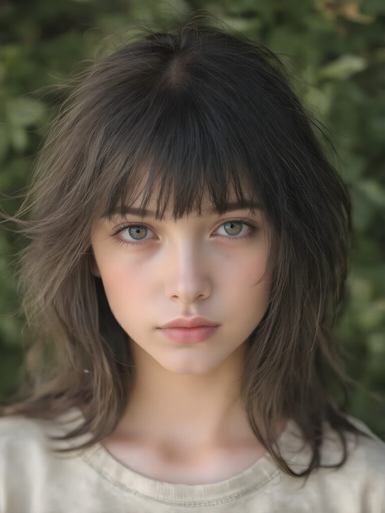 a (((realistic portrait))), representing a (((beautiful young girl, long soft obsidian black messy full hair, bangs cut))), round face, with an (((ultra realistic, intricate details))) that defy the laws of physics, with a (((dynamic advanced lighting system))) that brings out the extreme details, composited against a (((natural, sunny green backdrop))), emulating a hyper-realistic, advanced photography