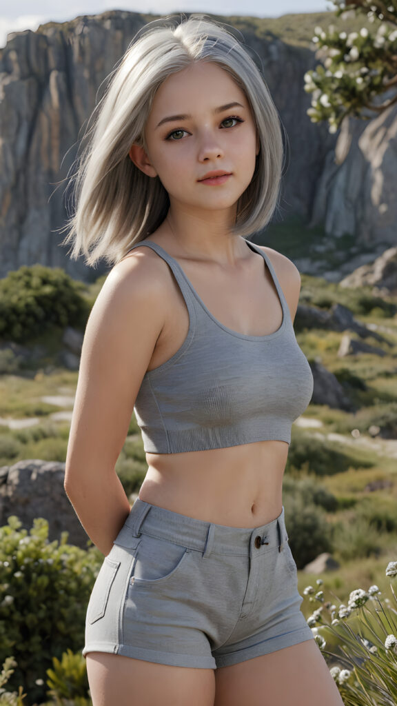 a (((realistic and detailed portrait))) of a young silver-skinned teen girl, a perfect curves-fitting body, (((short pants))) and ((super short crop tank top)), an angelic (((round face))), (((soft long straight grey hair, her hair reaches down to her waist))), and an (((natural landscape))) as a (side view)