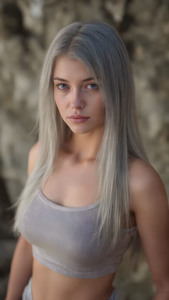 a (((realistic and detailed portrait))) of a young silver-skinned teen girl, a perfect curves-fitting body, (((short pants))) and ((super short crop tank top)), an angelic (((round face))), (((soft long straight grey hair, her hair reaches down to her waist))), and an (((natural landscape))) as a (side view)