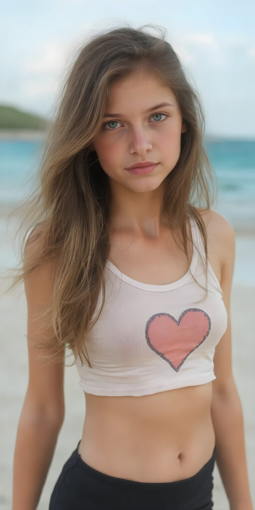 a (((realistic and detailed photo))) of a (((beautiful teen girl))) with long, flowing (((sandy soft brown straight hair))), green eyes, and a sleekly defined figure, dressed in a tight (((white graphic short tank top, perfect curved body))) featuring a (((heart))), paired with a (((black round mini skirt))). She poses confidently on a sunny sandy beach.