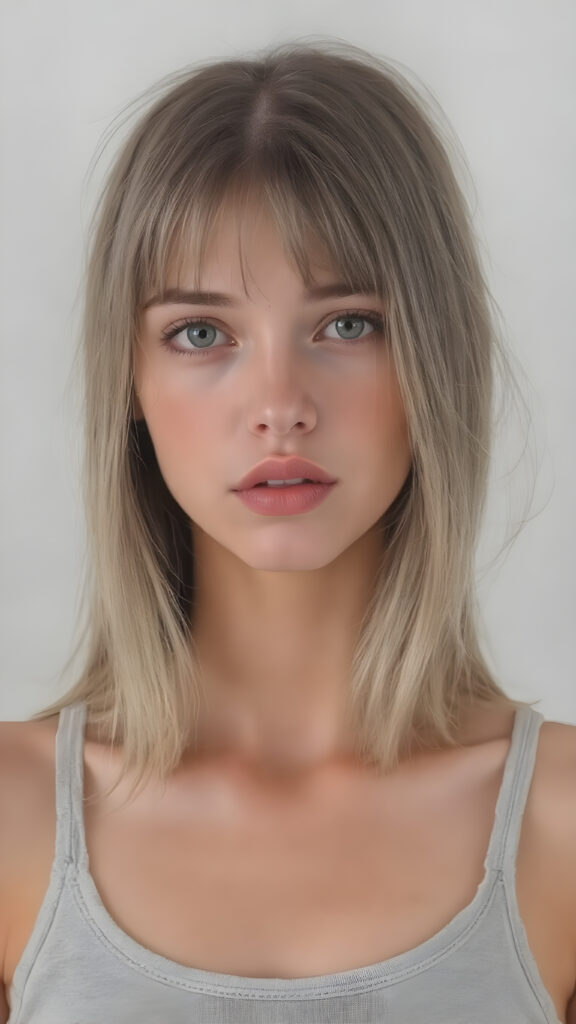 a (((realistic cute teen girl))), with straight soft long light brown hair, (full lips), and ((big amber eyes, round face)) that exude innocence, paired with a (short cropped tank top) that emphasizes her perfect body, (perfect skin), her figure is so perfectly proportioned that it defies reality, (((against a light grey backdrop))) ((upper body portrait))