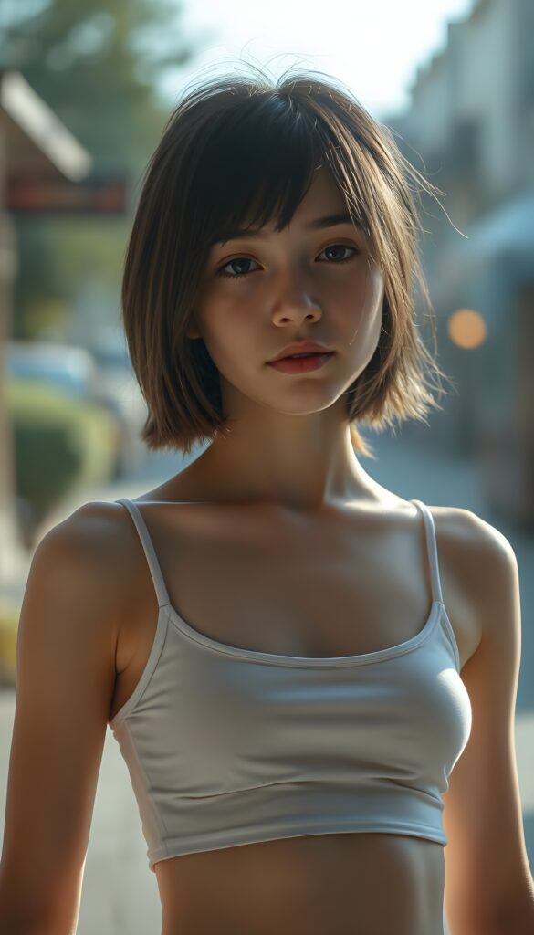 a (((realistic cute teen girl))) with a ((perfectly curved silhouette)) and illustrative details that convey youthful cuteness, bob cut, shoulder-length hair. She is wearing a white cropped tank top with a low neckline. You can see her belly button