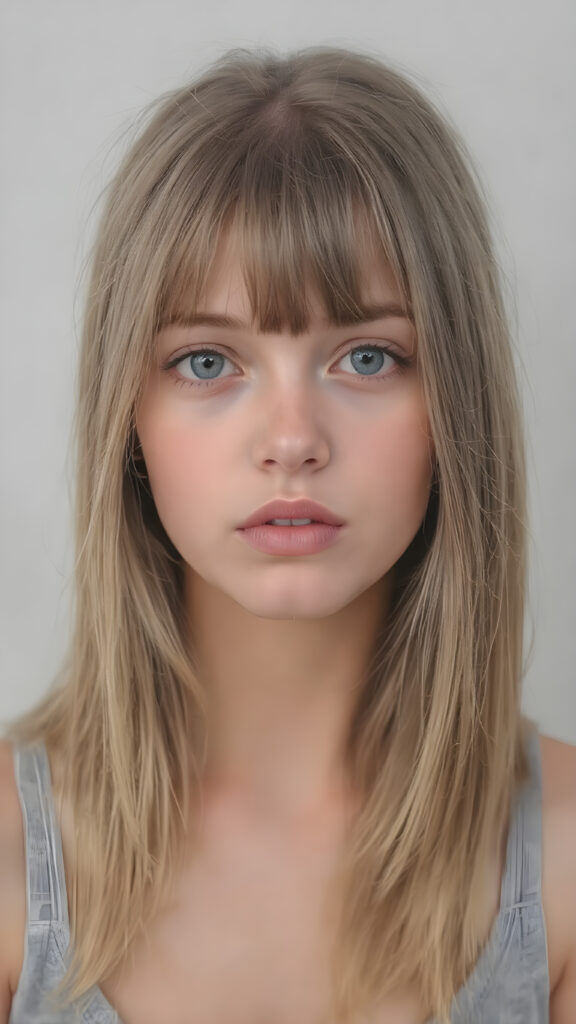 a (((realistic cute teen girl))), with straight soft long light brown hair, (full lips), and ((big amber eyes, round face)) that exude innocence, paired with a (short cropped tank top) that emphasizes her perfect body, (perfect skin), her figure is so perfectly proportioned that it defies reality, (((against a light grey backdrop))) ((upper body portrait))